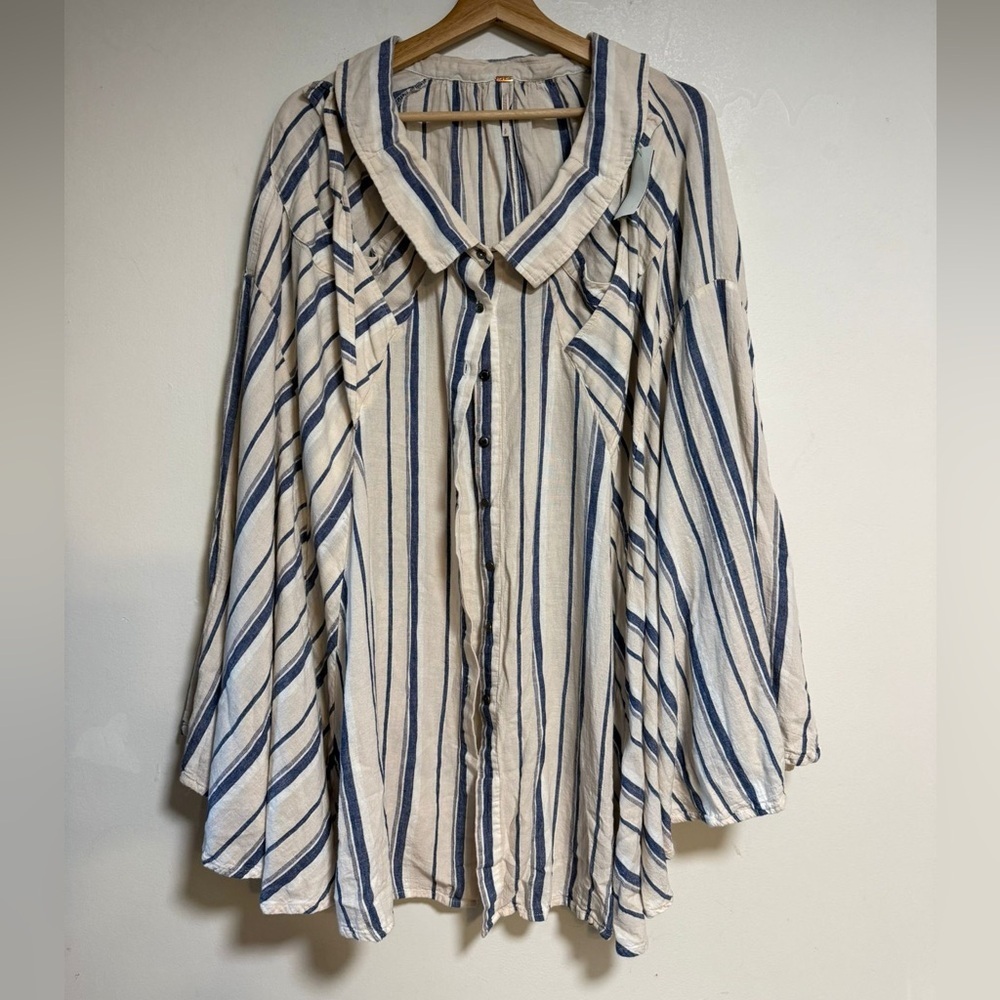 Free People Striped Button-Front Tunic Dress in Cream and Blue - Picture 2 of 11
